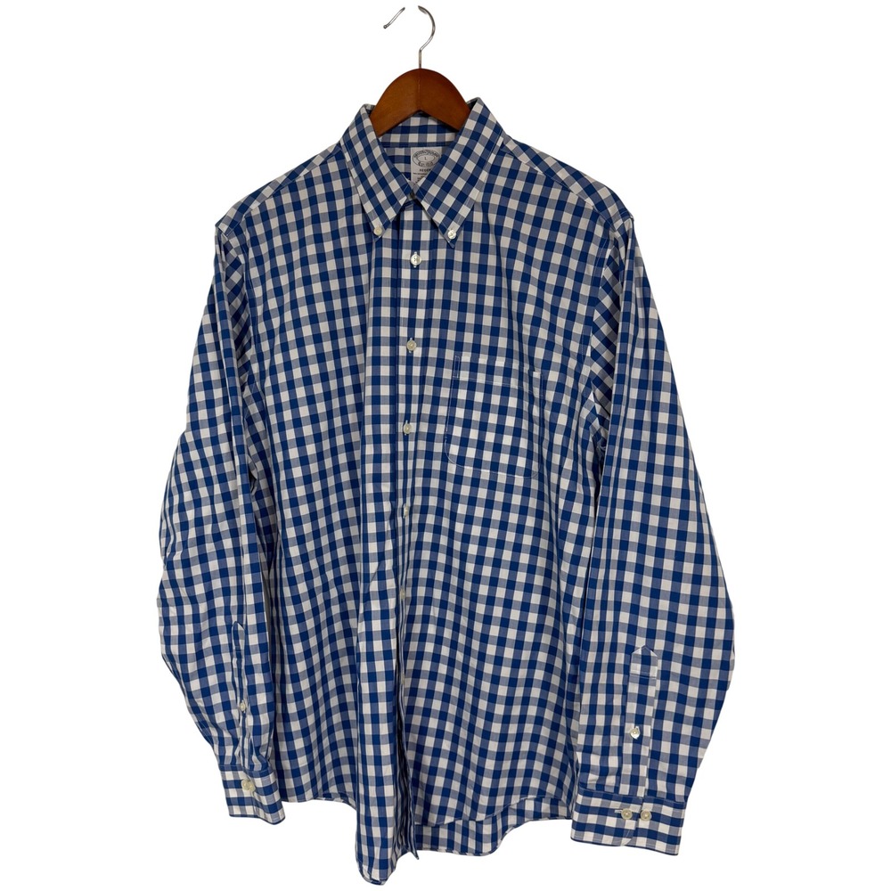Brooks Brothers Regent Fit Blue Gingham Supima Cotton Non-Iron Shirt Mens L - Picture 1 of 9